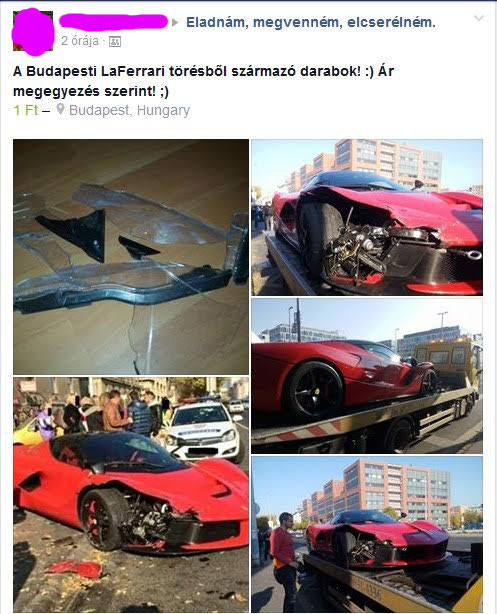 A Facebookon árulják a Pesten összetört Ferrari darabjait 1